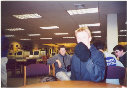 Seen in this picture:  The top of Steve Secundus's head, Nik, Ben, The Back of Steve Primus and Brent.  This is in the Beloit LMC because today we had a sub.  They didn't know what to do with us, and the sub was not there yet, so we had to sit in the LMC.